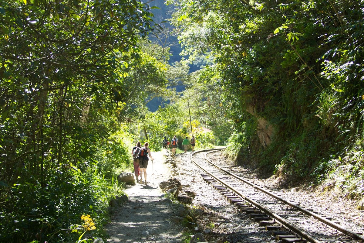 Wanderer folgen der Bahnlinie Richtung Aguas Calientes